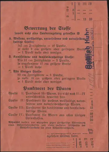 Gemeinde Unterrieden / Witzenhausen 3.Reichskleiderkarte gültig bis 31.12.1942