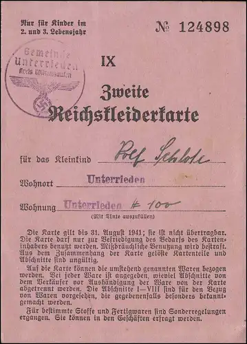 Gemeinde Unterrieden / Witzenhausen 2. Reichskleiderkarte für Kinder, 1941