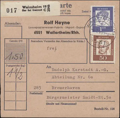 356y Goethe und 361y Droste-Hülshoff MiF auf Paketkarte WALLERTHEIM 4.2.64