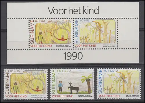 Suriname 1353-1355 Kinder 1990, 3 Werte und Kinderblock 54, Set postfrisch **