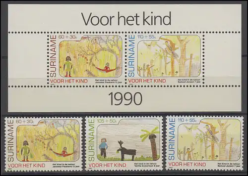 Suriname 1353-1355 Enfants 1990, 3 timbres et bloc pour enfants 54, set frais de port **