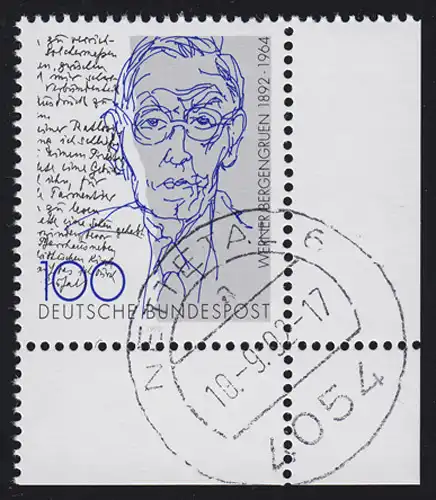 1629 Werner Bergengruen: Ecke unten rechts, Rundstempel Ersttag NETTETAL 10.9.92