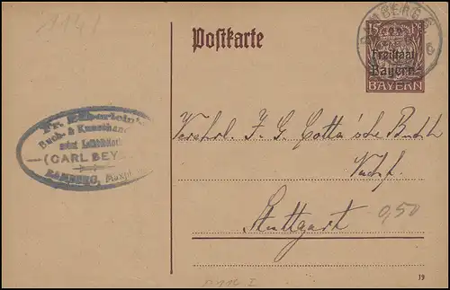 Bayern P 114/01 Freistaat 15 Pf DV 19: Buchhandel BAMBERG 25.2.20 nach Stuttgart