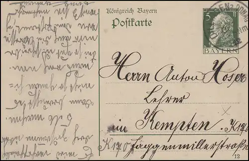 Bayern P 87I/02 Luitpold 5 Pf. DV 12: DILLINGEN / DONAU16.12.12. nach Kempten