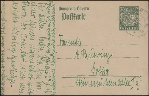 Bayern P 98I/02 Gr. Krone 7 1/2 Pf. DV 17 TREBGAST 24.1.117 nach Gotha