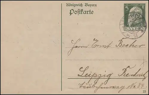 Bayern P 87I/03 Luitpold 5 Pf. DV 13: NÜRNBERG 11 - 14.8.13 nach Leipzig