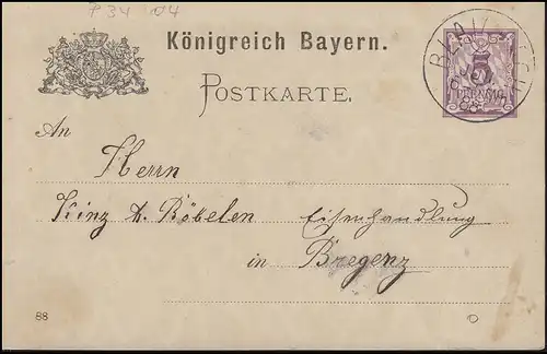 Bayern Postkarte Ziffer 5 Pf lila DV 88: BLAICHACH 13.6.88 nach Bregenz