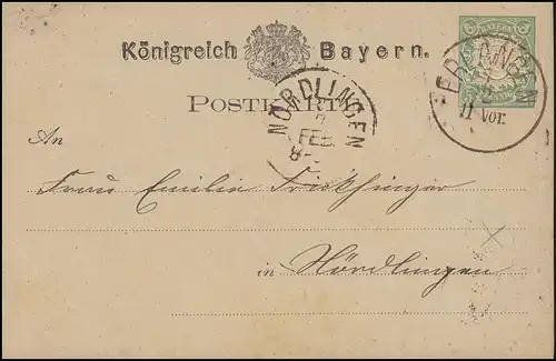 Bayern P 8II Wappen 5 Pf. ERLANGEN 7.2. vers Nördlingen 7.2