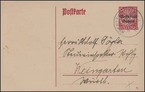 Bayern P 104 Volksstaat 10 Pf DV 19: HÖCHSTÄDT / Donau 31.7.19 nach Weingarten