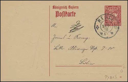 Bayern Postkarte 10 Pf. MEGGE 1.9.19 nach Berlin