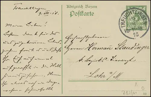 Bayern Postkarte TREUCHTLINGEN 9.8.10 vers Lohr/Main