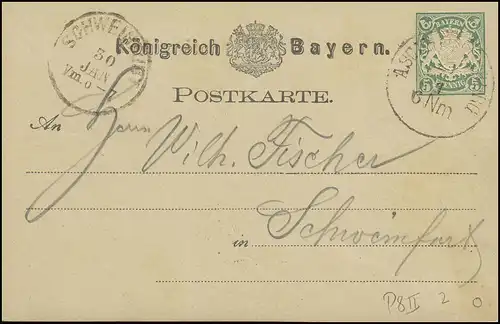 Bayern Postkarte 5 Pf. ASCHAFENBURG 29.1.77 après SCHWEINFURT 30.1.