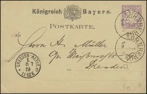 Bayern Postkarte 5 Pf. NÜRNBERG III-7.7.79 vers DRESDEN-ALTVADT 1-8.7. 79