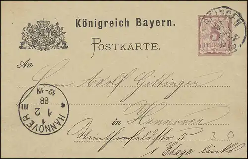 Bayern Postkarte 5 Pf. GÖGGINGEN/Augsburg 31.1.88 nach HANNOVER 1.-1.2.88