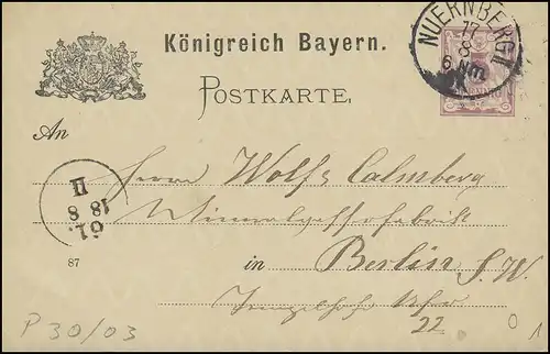 Bayern Postkarte 5 Pf. NÜRNBERG II.-17.8.87 nach BERLIN 61.-18.8.-II.