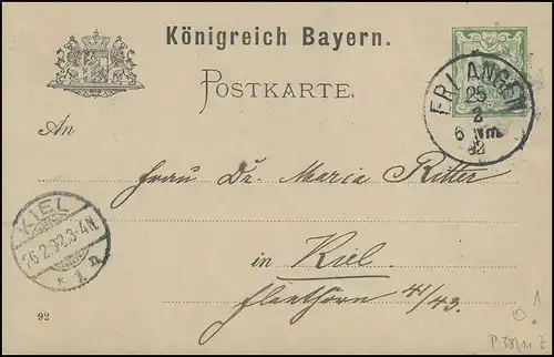 Bayern Postkarte ERLANGEN 25.2.92 nach KIEL 26.2.92