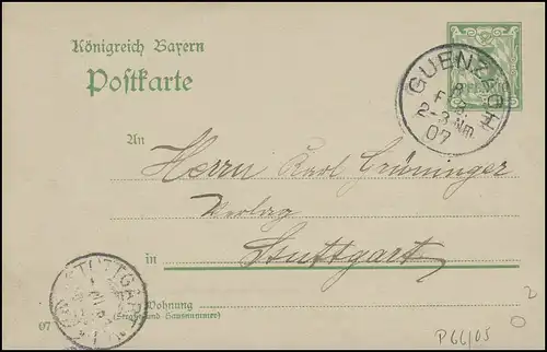 Bayern Postkarte Ziffer 5 Pf. GÜNZACH 8.2.07 nach STUTTGART