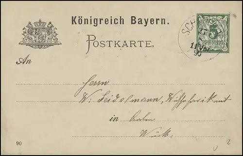 Bayern Postkarte Ziffer 5 Pf SCHOPFLOCH 27.8.90 nach AALEN/Württemberg 27.8.90