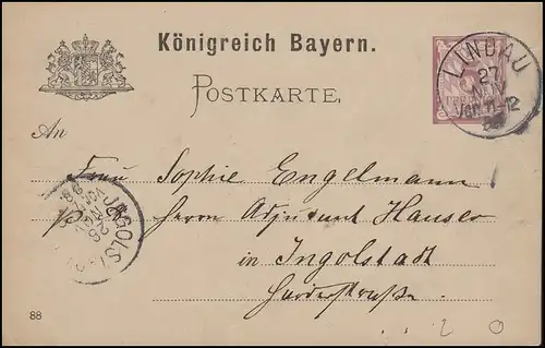 Bayern Postkarte 5 Pf. LINDAU 27.11.88 vers INGOLSTADT 28.11.89