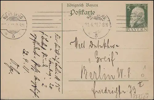 Bayern Postkarte 5 Pf. NÜRNBERG 21.4.11 nach Berlin