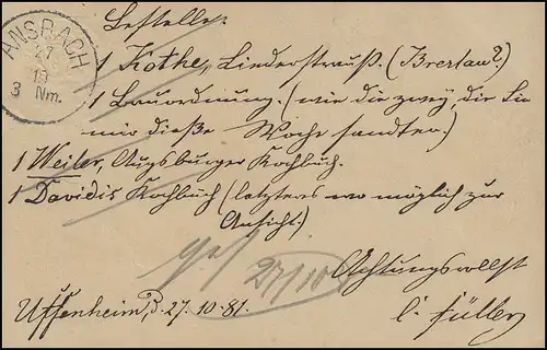 Bayern Postkarte 5 Pf. UFFENHEIM 27.10.81 après ANCIENNE 27.10