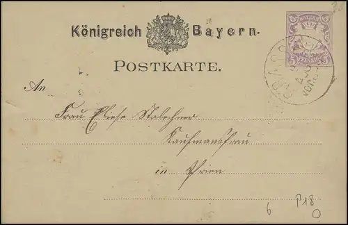 Bayern Postkarte Wappen 5 Pf. GRASSAU 9.8. nach PRIEN 9.8.