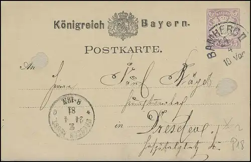 Bayern Postkarte Wappen 5 Pf BAMBERG 24.4. nach DRESDEN NEUSTADT 24.4.81