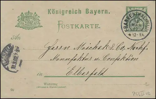 Bayern Postkarte Ziffer 5 Pf. FRANKENTHAL/Pfalz 12.3.02 nach ELBERFELD 13.3.02