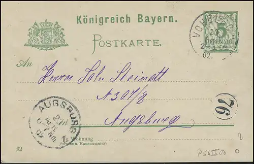 Bayern Postkarte Ziffer 5 Pf. VOHBERG 23.4.02 nach AUGSBURG 2 / Kreisnummer 76