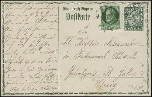 Bayern Postkarte Wappen 5 Pf. avec Francoture supplémentaire HEGGE 19.11.14 en Suisse