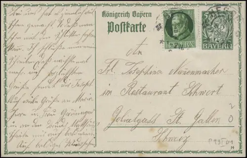 Bayern Postkarte Wappen 5 Pf. mit Zusatzfrankatur HEGGE 19.11.14 in die Schweiz