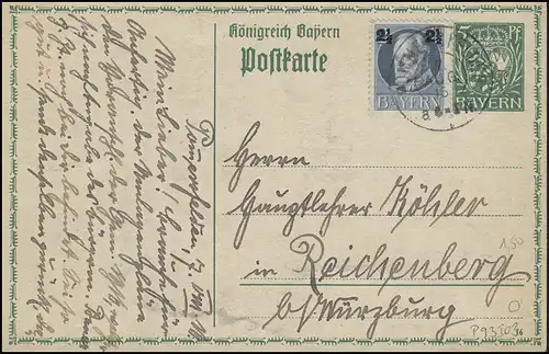 Bayern Postkarte Wappen 5 Pf. avec Francotisation supplémentaire POMMERSFELDEN 7.8.16