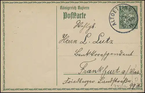 Bayern Postkarte Wappen 5 Pf. ALTOETting 14.9.15 vers Francfort/Main