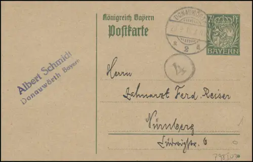 Bayern Postkarte Wappen 7 1/2 Pf. DONAUWÖRTH 20.9.18 mit Kreisstempel 4