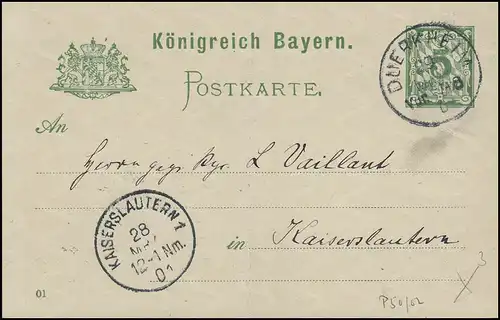 Bayern Postkarte DÜRKHEIM 29.3.01 vers KAISERSLAUTER 28.3/01