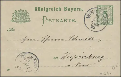 Bayern Postkarte WINDSHEIM 15.6.00 nach WEISSENBURG / SAALE 16.6.00