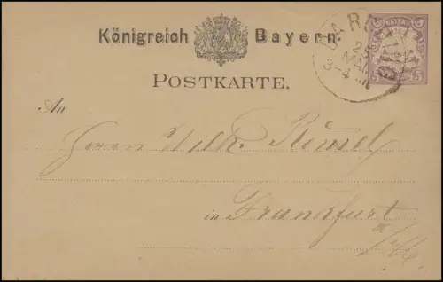 Bayern P 18 Wappen 5 Pf Einkreisstempel DARCHING 25.5. nach Frankfurt/Main
