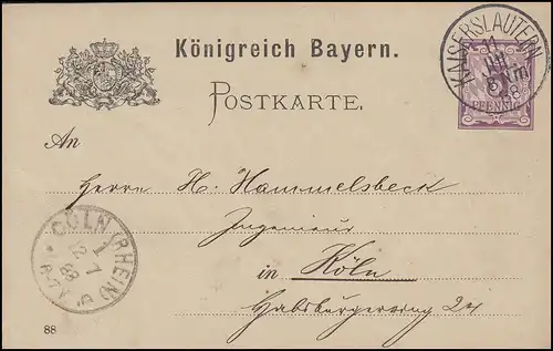 Bayern PK Ziffer 5 Pf lila DV 88: KAISERSLAUTERN 11.7.88 nach Cöln/Rhein 12.7.88