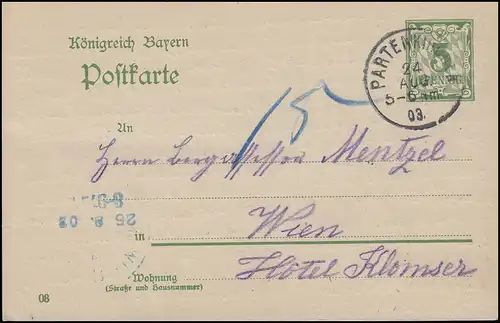 Bayern P 66/01 Ziffer 5 Pf gün PARTENKIRCHREN 24.8.03 nach Wien 26.8.03