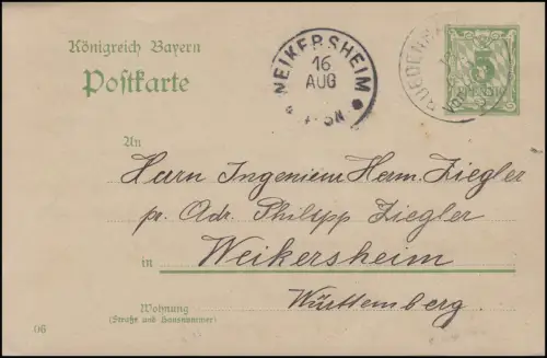 Bayern P 66/04 Ziffer 5 Pf grün DV 06: RÜDENHAUSEN 16.8.06 nach Weikersheim