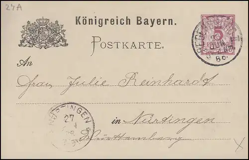 Bayern Postkarte Ziffer 5 Pf lila ohne DV: REGENSBUREG II. 26.6.86 n. Nürtingen