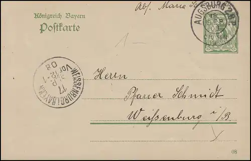 Bayern P 79/02 Ziffer 5 Pf grün DV 08: AUGSBURG 2.B.P. 16.9.08 nach Weissenburg