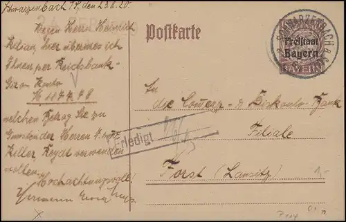 Bayern P 114I/01 Freistaat 15 Pf DV 19: SCHWARZENBACH/Saale 23.2.20 nach Forst