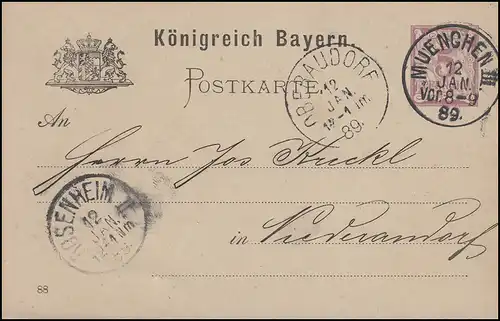 Bayern P34/01 Ziffer 5 Pf. lila DV 88: MÜNCHEN III. 12.1.89 nach Niederaudorf