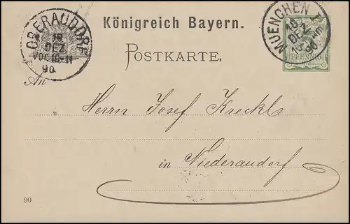 Bayern P 38/01, paragraphe 5 Pf vert DV 90: MÜNCHEN 18.12.90 vers Niederaudorf