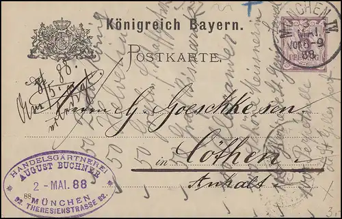 Bayern Postkarte Ziffer 5 Pf lila DV 88: MÜNCHEN IV. 3.5.88 nach Köthen/Anhalt