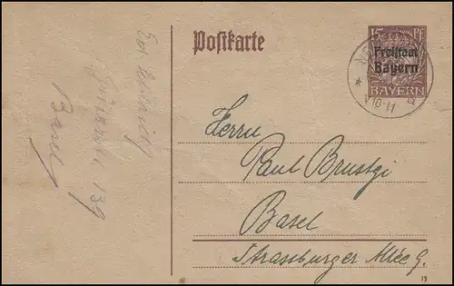 Bayern P 114I/01 Freistaat 15 Pf DV 19: NEUULM/Schwaben 12.1.20 vers Bâle