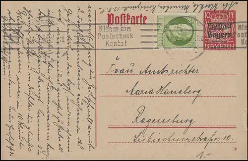 Bayern P 109/01 Freistaat 10 Pf DV 19 Additionnelfr.: compte chèque postal MÜNCHEN 14.2.20