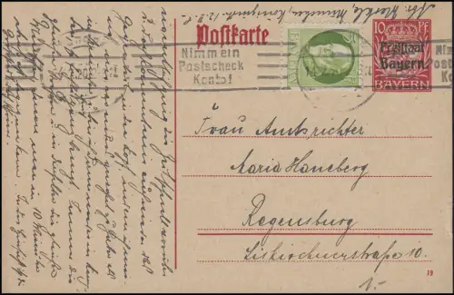 Bayern P 109/01 Freistaat 10 Pf DV 19 Additionnelfr.: compte chèque postal MÜNCHEN 14.2.20