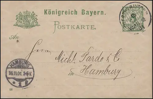 Bayern P 50/01 Ziffer 5 Pf grün DV 00: FÜRTH i. BAYERN 15.11.01 nach Hamburg